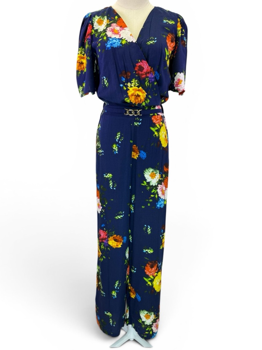 CKlass Women's Navy Blue Tropical‎ Floral Jumpsuit Gold Chain Belt Size XS